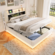 Letto imbottito 160x200 con contenitore idraulico; LED e porte USB; velluto beige