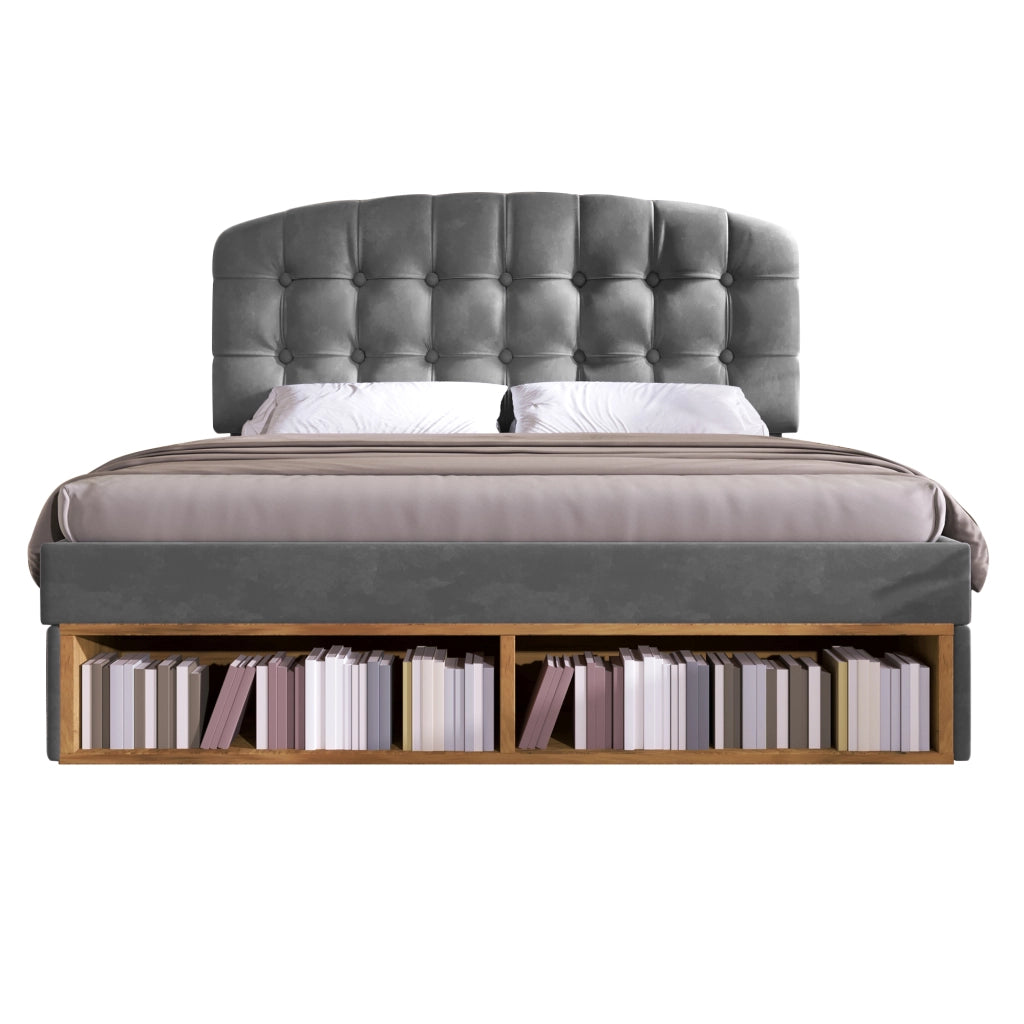 Letto matrimoniale – 140x200 cm – testiera regolabile cassetti – velluto grigio