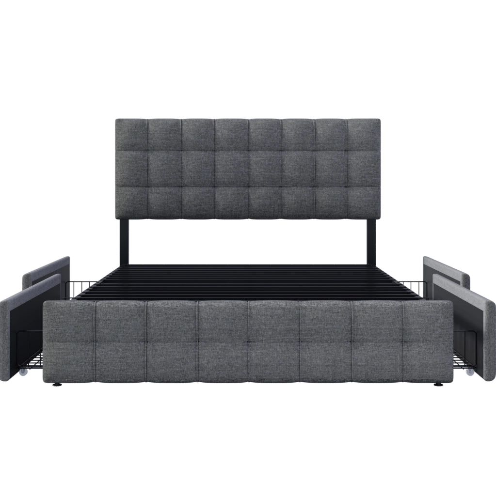 Letto 140x200 cm in velluto grigio con 4 cassetti e rete a doghe