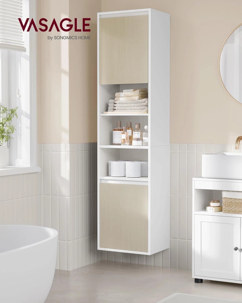 VASAGLE KAILYN Collezione - Mobiletto da Bagno, Mobile da Parete o Terra, Ante a Apertura Regolabile, 7 Scomparti, 3 Ripiani Regolabili, 30 x 40 x 160 cm, Bianco Nuvola e Beige Naturale BBK762N01