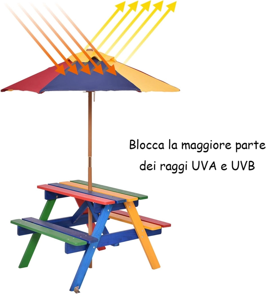 Set con Tavolo Picnic di Legno e Ombrellone per Bambini, Tavolo e Panchina con 4 Posti e Ombrellone Pieghevoli, Tavolo e Sedie Multiuso per Esterno Giardino Cortile (Modello 5)