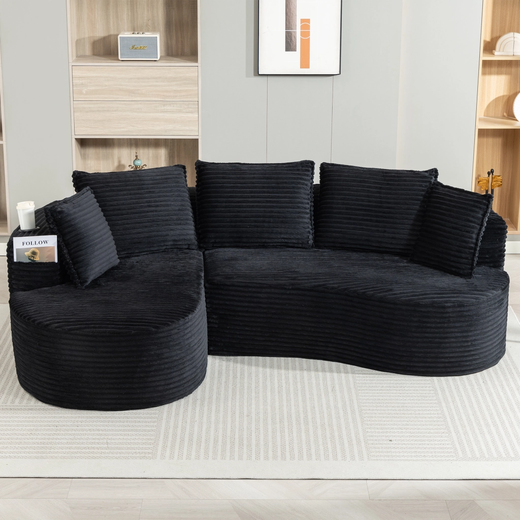Divano curvo con portabicchieri e tasche laterali, cuscino, in velluto a coste nero 250 × 152 × 82 cm
