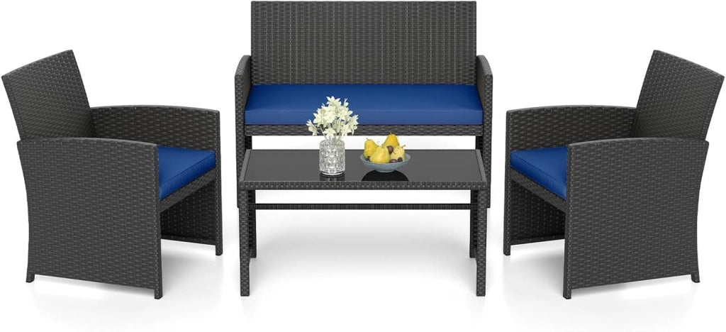 Set di salotto da giardino esterno in rattan PE 4 pezzi, divano a 2 posti, 2 poltrone, tavolino da salotto con piano in vetro, per 4 persone, mobili da giardino per terrazza, patio, nero