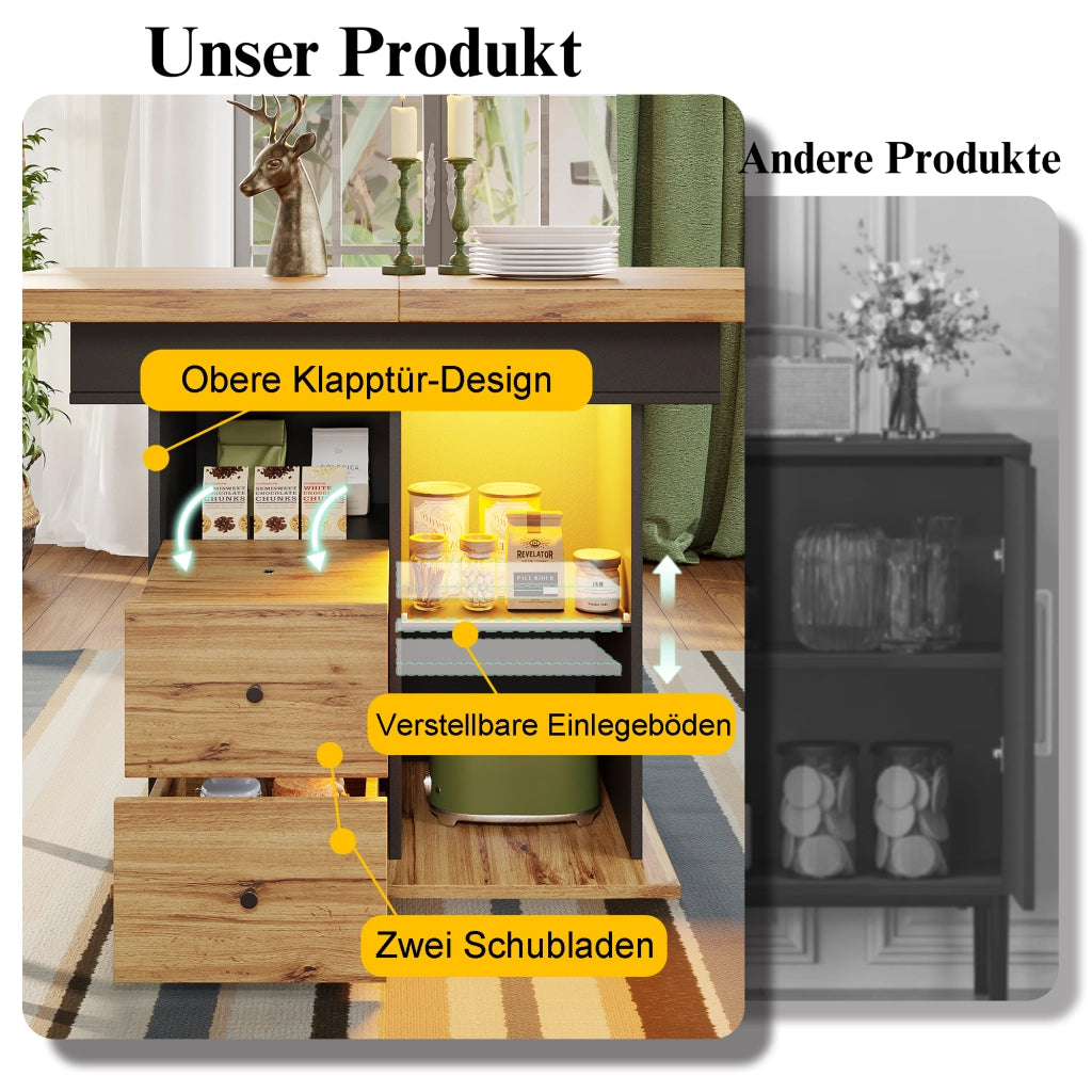 TAVOLO ALLUNGABILE 110-140x80 cm MDF Nero/Naturale con LED e USB
