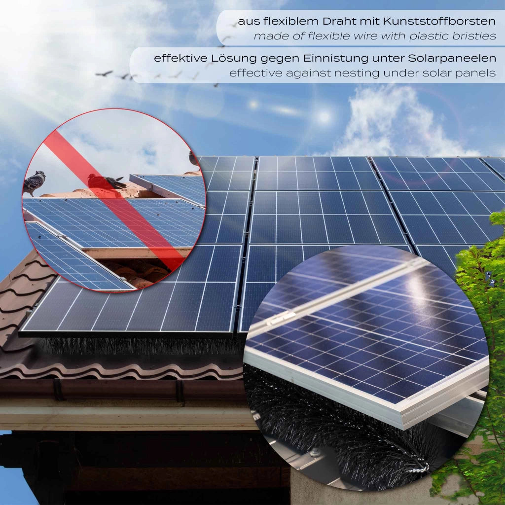 Barriera anti piccioni per pannelli fotovoltaici e Spazzola per grondaie 20 scovoli 24 m Ø 10,5 cm