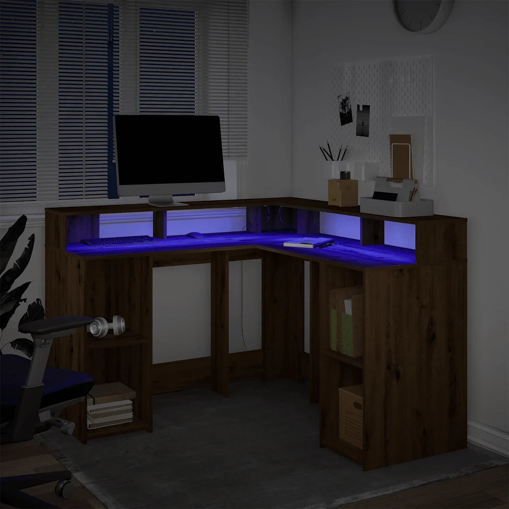 Scrivania a Luci LED Rovere Artigianale 140x55x91 cm Truciolato