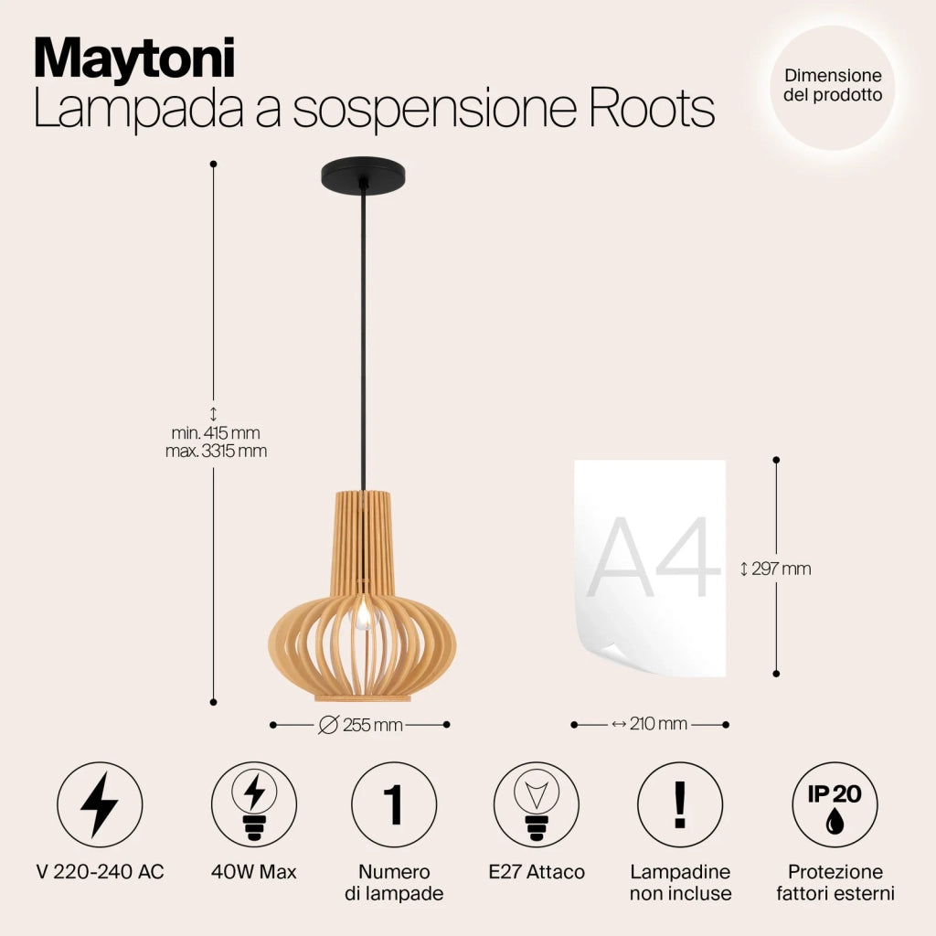 Maytoni Lampada a Sospensione Moderna Roots 1 Luce E27 Nero Metallo