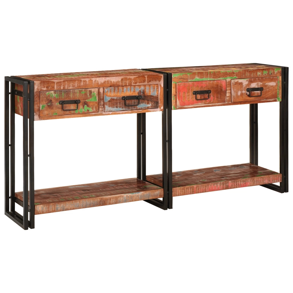Set di 2 Tavoli Consolle con Cassetti, Legno Massello Recuperato Multicolore