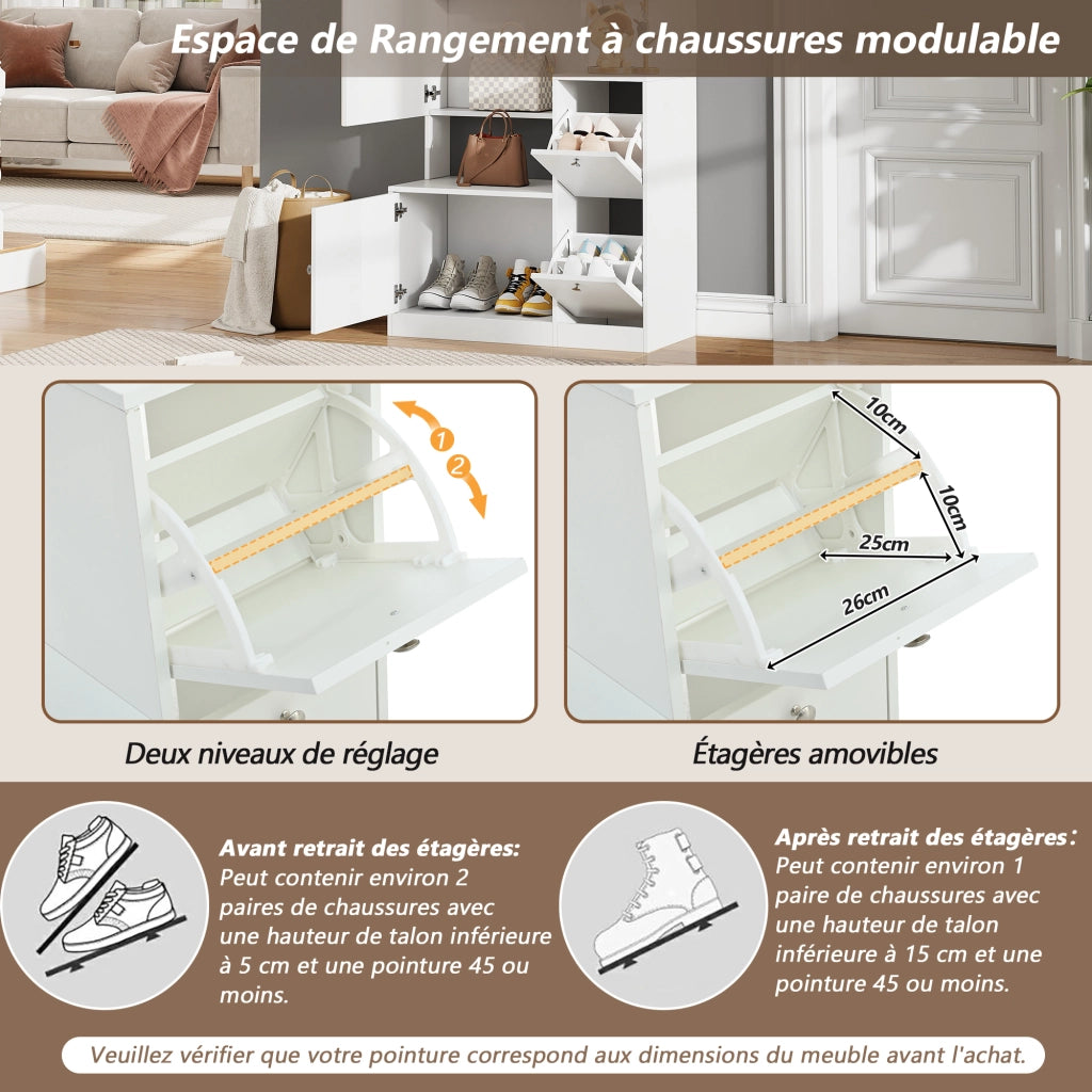 Mobile ingresso con specchio; 2 ante; 5 vani aperti e 2 scarpiere pieghevoli; in truciolare bianco; 85 Ã— 40 Ã— 180 cm