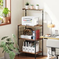 Ripiano da Cucina a 4 livelli, con Piano di Lavoro e 8 Ganci, Marrone e Nero