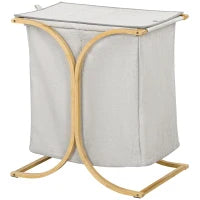 Portabiancheria a 2 Cesti con Coperchio in Bambù e Poliestere, 55x40x62 cm, Grigio e color Legno