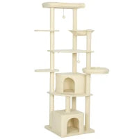 Albero per Gatti Alto 200 cm Multilivello con 2 Casette, 2 Lettini e Amaca, Struttura per 2-3 Gatti, Beige
