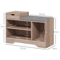 Panca Scarpiera Moderna con 3 Ripiani Aperti e Cassetti, in Legno, Poliestere e Spugna, 76.5x30x52 cm, Grigio