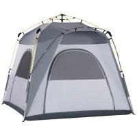 Tenda da Campeggio Familiare 4 Persone, Tenda Tonda Impermeabile Leggera, Ventilata Facile da Montare Pop-Up, 4 Finestre, Parasole, 2,4L x 2,4l x 1,99H m, Bianco e Grigio