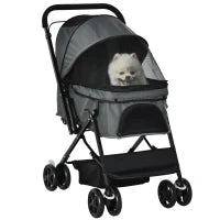 Passeggino per Cani Piccoli Pieghevole con Maniglione Girevole e Cestino Portaoggetti, 76.5x52x95 cm, Grigio
