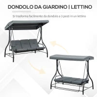 Dondolo da Giardino 3 Posti Convertibile in Lettino con Tettuccio Regolabile, Grigio Scuro