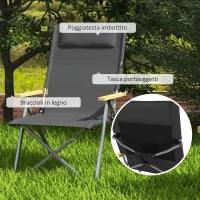 Sedia da Campeggio Pieghevole con Schienale Regolabile, in Alluminio e Poliestere 74x59.5x98 cm, Grigio e Argento
