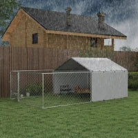 Recinto per Cani con Coperture e Ciotole Girevoli, in Acciaio e tessuto Oxford, 4x2.3x1.5 m, Argento