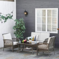 Set Mobili da Giardino in Rattan Marrone, Set Tavolino, Sedie e Divano da Esterno 4Pz con Cuscini Imbottiti Cachi