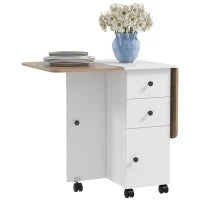 Tavolo Pieghevole con 2 Cassetti e Armadietto, 6 Rotelle e Freni, 120x60x76.5 cm, Bianco e Rovere