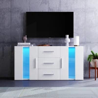 Credenza Moderna con LED Multicolore, 3 Cassetti e 2 Armadietti, Ampio Spazio, per Soggiorno e Cucina, 140x35x70 cm, Bianco