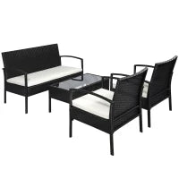 Set da Giardino 4 Pezzi in Rattan PE con Tavolino da Giardino, 2 Poltroncine e Divano 2 posti, Nero e Crema