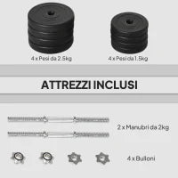 Set Manubri Pesi 20 kg (4x2.5 kg, 4x1.5 kg) con 8 Dischi e 2 Manubri da 2 kg, 43x18x7.5 cm, Nero