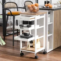 Carrello da Cucina con Ruote, 2 Ripiani Rimovibili, Cassetto, Scaffale, in Legno di Pino, Bianco