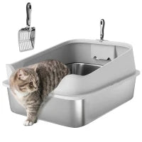 Lettiera per Gatti in Acciaio Inossidabile XXL con Bordo Alto Paletta Facile da Pulire a Prova di Perdite 70x50x30 cm Grigio