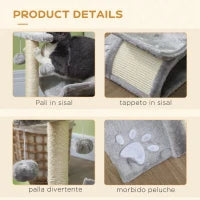 Albero Tiragraffi per Gatti in Peluche con Palo in Sisal, Cuccia e 2 Palline, 40x30x43cm, Grigio