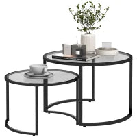 Set 2 Tavolini da Caffè Sovrapponibili in Vetro e Acciaio, Ø70x47.5 cm e Ø54 x 42.5 cm, Nero