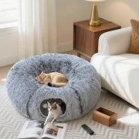 Tunnel per Gatti, in Peluche, con Cuscino, Pieghevole, Telaio in Metallo, Grigio Chiaro