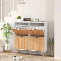 Scarpiera Stretta con 4 Cassetti Pieghevoli e Ripiani Regolabili per 16 Paia 95x26x95 cm Naturale e Bianco