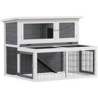 Conigliera a 2 Livelli con Vassoio Estraibile in Legno di Abete e Acciaio, 122x95x93.5 cm, Multicolore