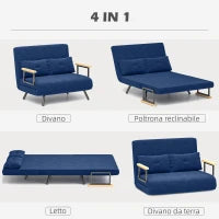 Divano Letto 3 in 1 in Tessuto Effetto Velluto con Schienale Regolabile e 2 Cuscini, 102x73x81 cm, Blu