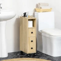 Armadietto da Bagno a Colonna, Mobile Bagno con 4 Ruote, 1 Cassetto 1 Armadietto con Anta 2 Armadietti Aperti, Color Rovere, 18x30x68.5 cm