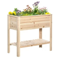 Fioriera da Giardino Rialzata con Ripiano a Doghe, Inserti per l'Irrigazione, in Legno Massello, 90 x 40 x 81 cm, Legno naturale