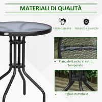 Tavolo Rotondo con Piano in Vetro Temperato Tavolino da Giardino Nero, Φ60 x 70cm