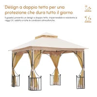 Gazebo da Giardino 3x3m in Metallo con Zanzariere e Tettuccio in Poliestere, Beige