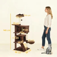 Tiragraffi per Gatti 140 cm con Piattaforme Letto Amaca Scala Pali in Sisal Marrone