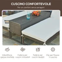 3pz Componibile 2 Lettino Prendisole da Giardino (60 x 195 x 86cm) e 1 Tavolino (121 x 40 x 50cm) Rattan con Materassini, Marrone e Bianco Crema