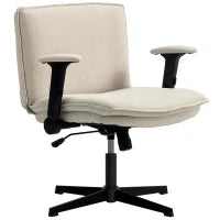 Sedia da Ufficio con Braccioli Ribaltabili, Sedile Largo, senza Ruote, Altezza Regolabile, Girevole, Crema