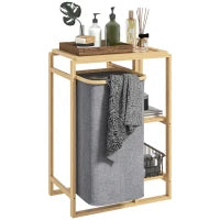 Cesto Portabiancheria con Borsa Estraibile e Ripiani a Doghe in Bambù, 50x32x70 cm, Grigio