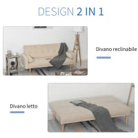 Divano Letto 3 Posti con Schienale Regolabile su 3 Livelli, 2 Cuscini e Braccioli Rimovibili, Beige, 185x84x85cm