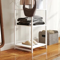 Appendiabiti da Terra con Asta e 2 Ripiani Aperti, in Legno e Acciaio, 38.5x30x170 cm, Bianco e color Legno