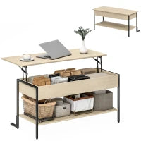 Tavolino con piano sollevabile, tavolino da soggiorno con vano nascosto e scaffale aperto, 95x40x59cm, legno naturale