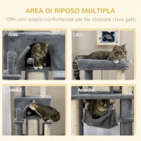 Albero Tiragraffi per Gatti con Pali in Sisal, Casetta, Lettino e Amache, 48x48x140cm, Grigio