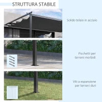Gazebo Pergola 4x3m in Acciaio e Poliestere con Tettuccio Scorrevole, Grigio