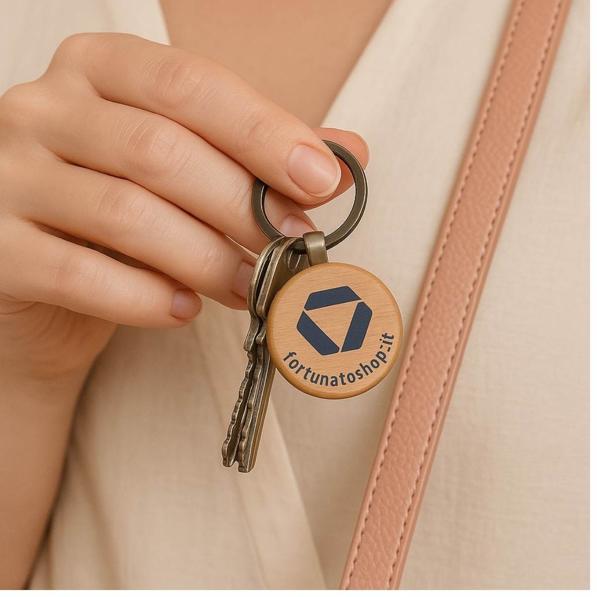 Portachiavi rotondo personalizzato in legno con logo geometrico blu scuro