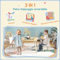 Set Tavolo 3 in 1 e 2 Sedie per Bambini con Schienale a Orsetto, Età 3-6 Anni, Colore Legno